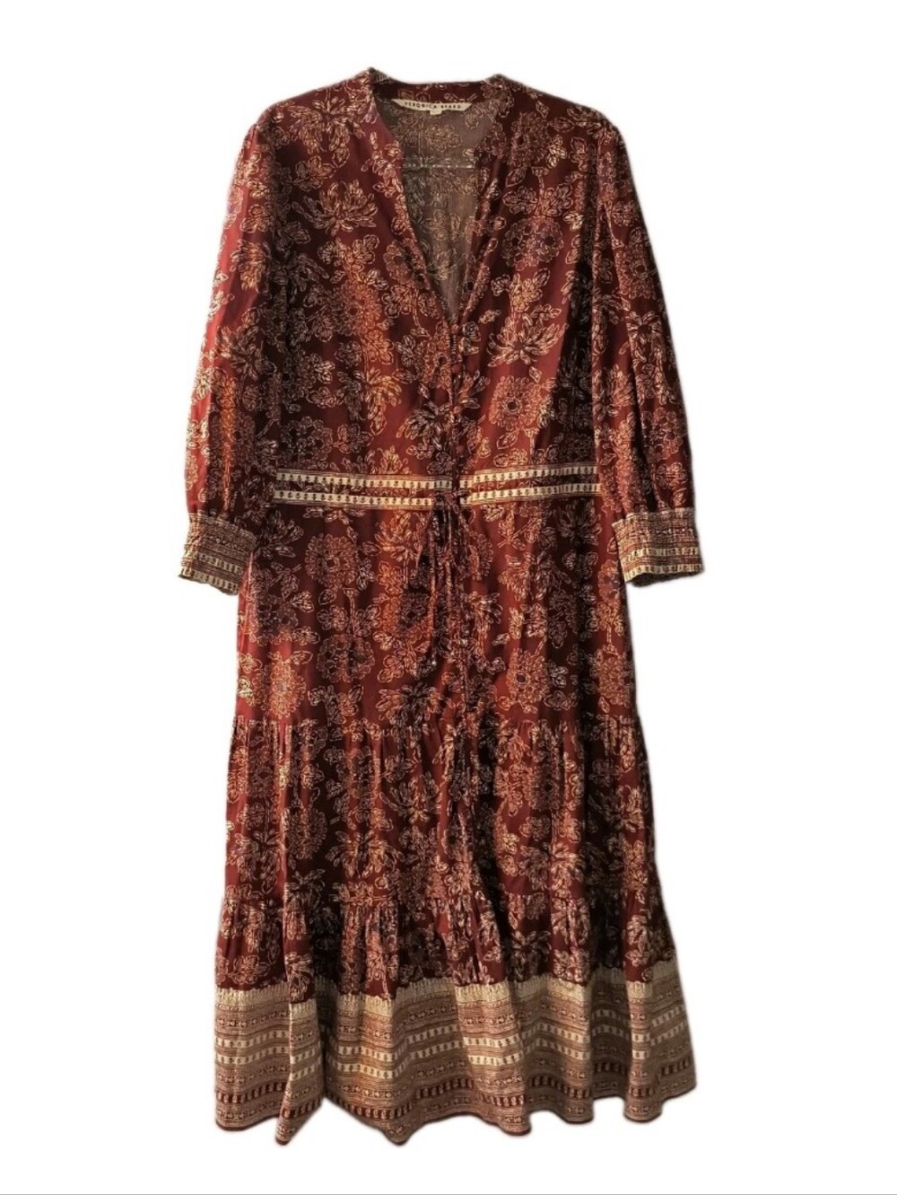 Veronica Beard Swedie Dress MSRP $495 Burgundy Floral Tiered Cotton Maxi L/XL